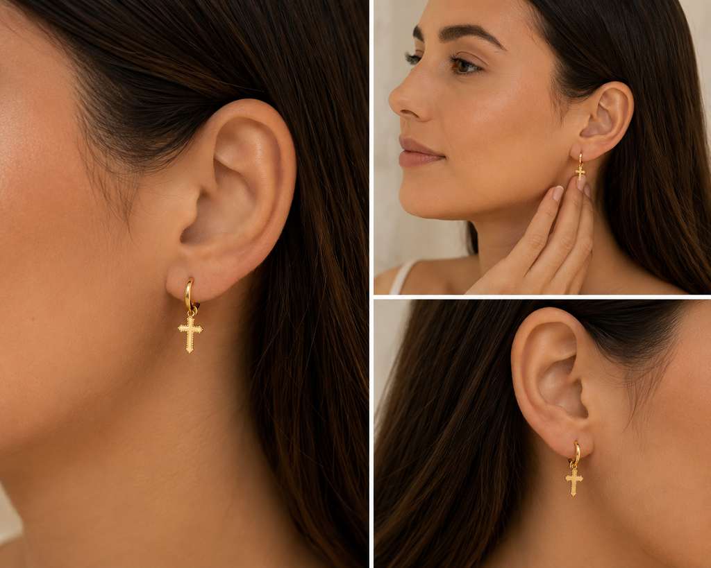 Cross Charm Hoop Earrings 14K