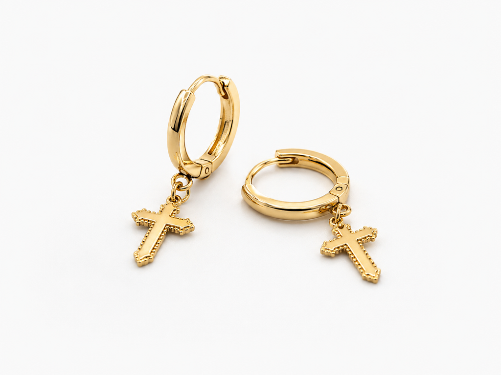 Cross Charm Hoop Earrings 14K