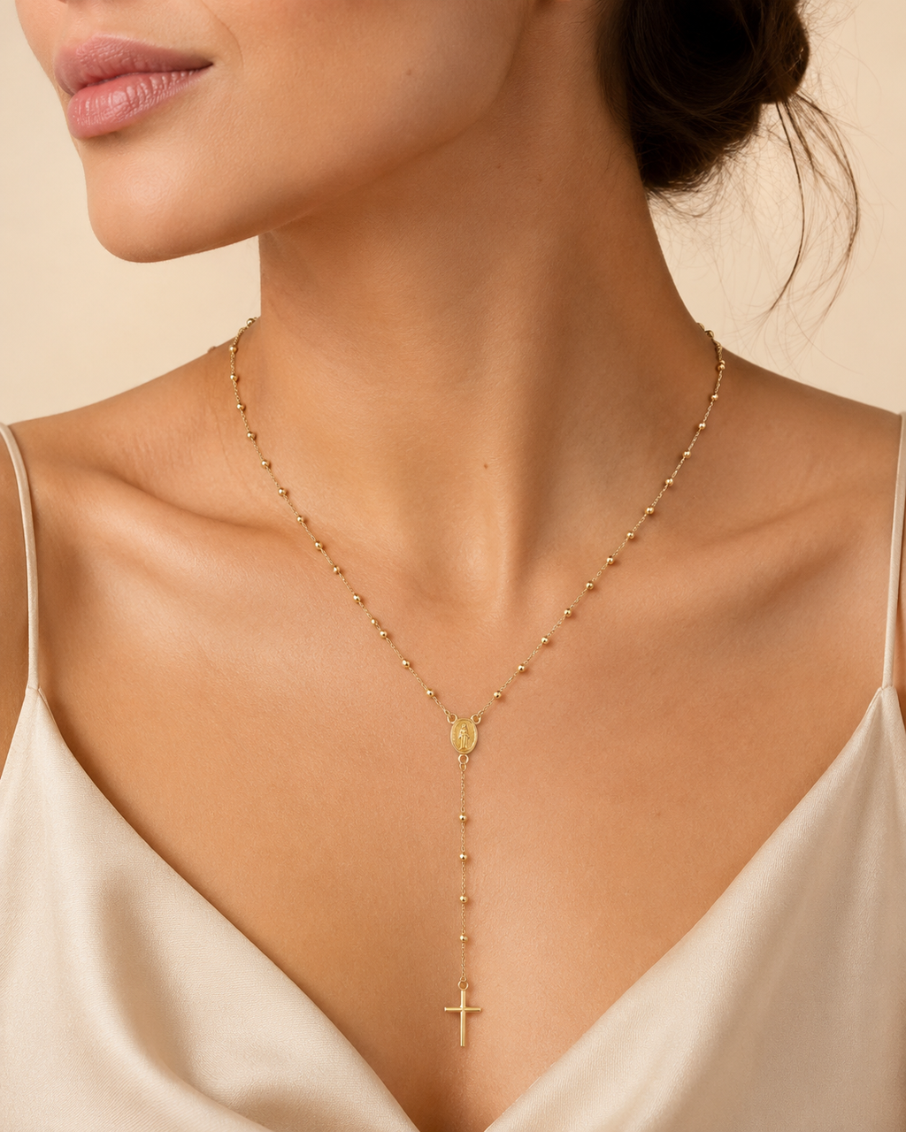Gold Rosary Cross Necklace 18K