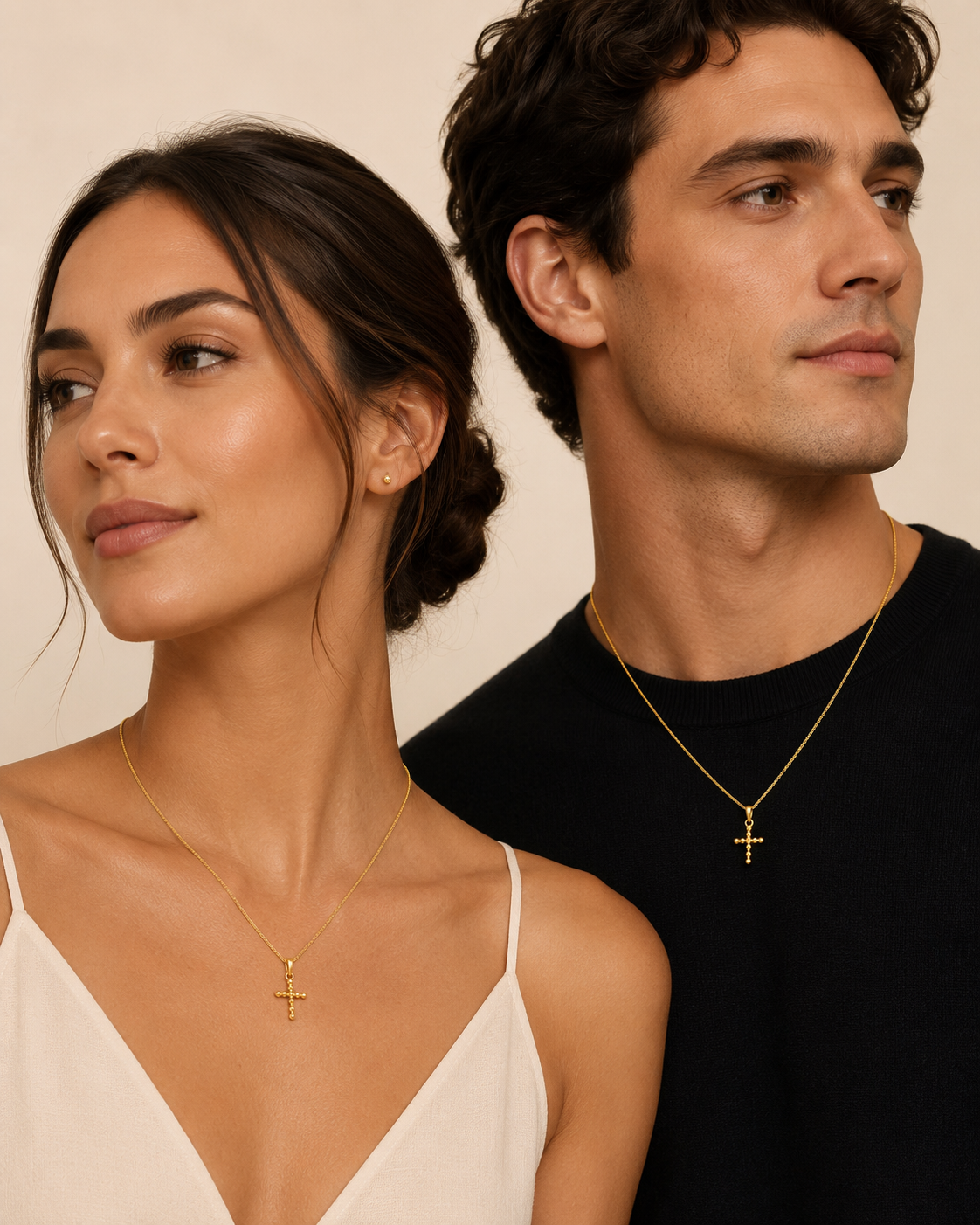 Gold necklace with ball cross charm